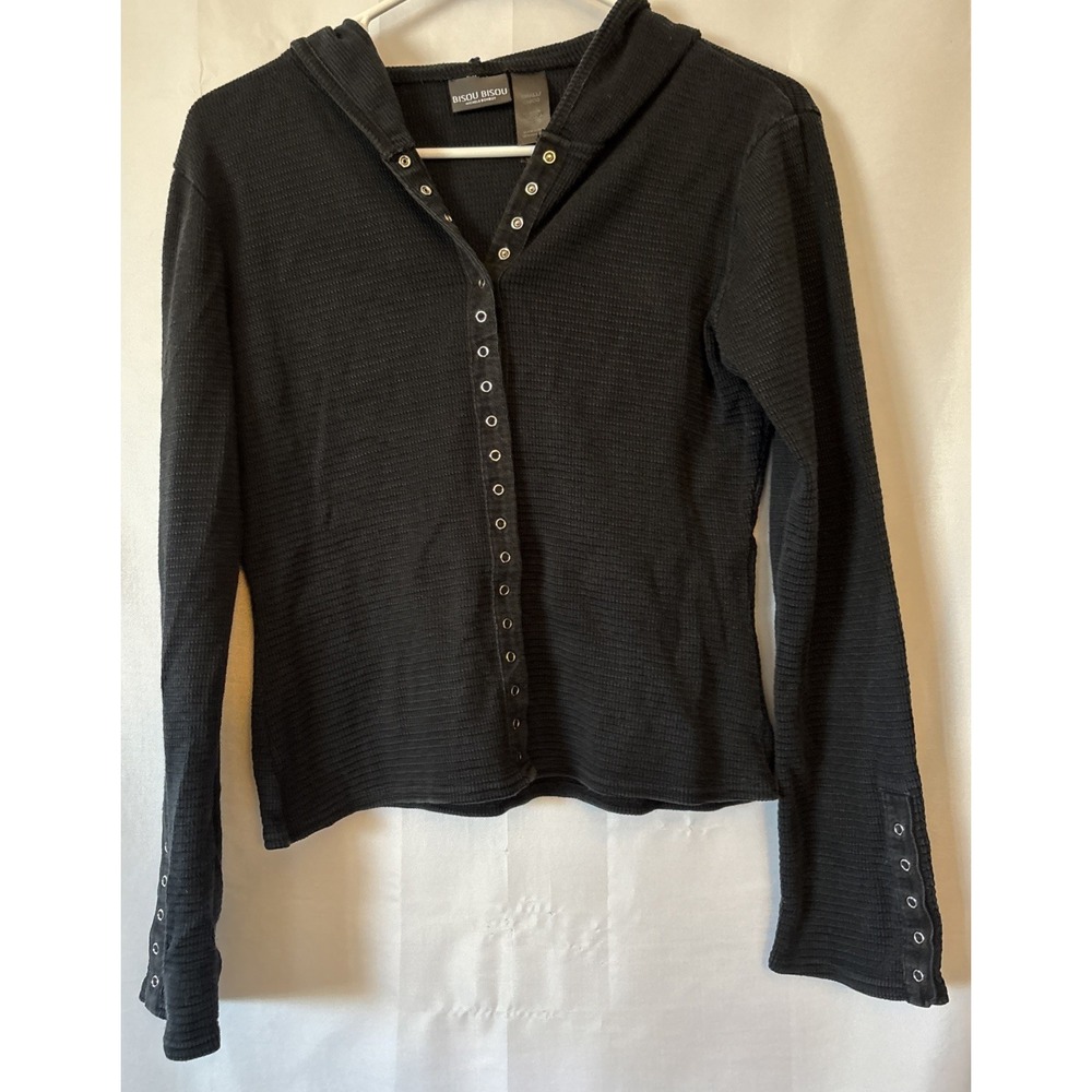 Bisou Bisou Waffle Knit Snap Button Up Cropped Hoodie Black Snap Cuff Women's S